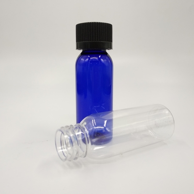 1 oz di bottiglie rotonde di plastica blu di cobalto di Boston con tappo a nervatura nera