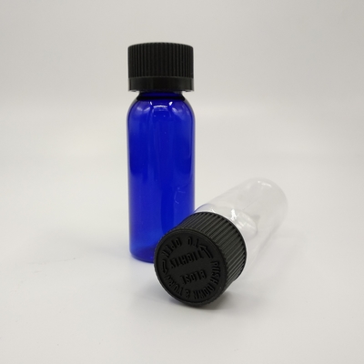 1 oz di bottiglie rotonde di plastica blu di cobalto di Boston con tappo a nervatura nera