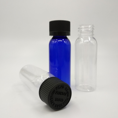 1 oz di bottiglie rotonde di plastica blu di cobalto di Boston con tappo a nervatura nera