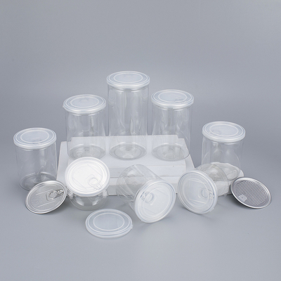 Contenitori di barattoli di plastica trasparente personalizzabili con coperchio in alluminio di varie dimensioni da 2 oz a 8 oz per prodotti di bellezza.