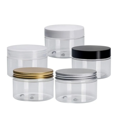 Vaso cosmetico in plastica a superficie liscia con design trasparente per prodotti essenziali per la cura della pelle