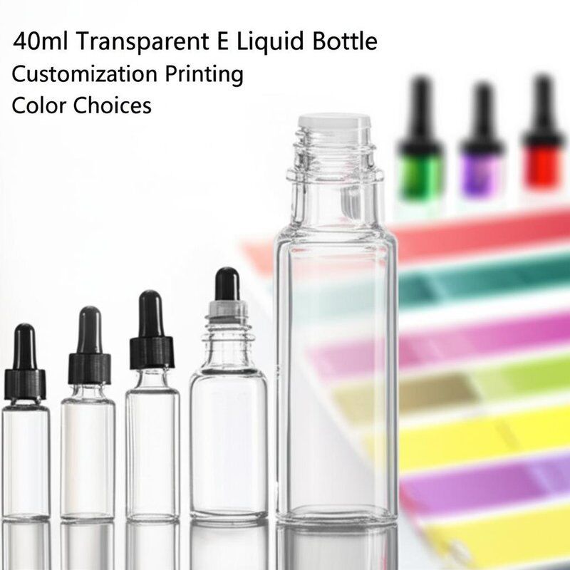 Bottiglia di liquido per sigaretta elettronica trasparente da 40 ml, personalizzazione, stampa, scelta dei colori, formati inclusi 10 ml, 15 ml, 20 ml, 30 ml, 60 ml, 80 ml, 100 ml